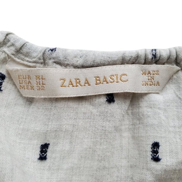 ZARA Boho Embroidered Peasant Top Unbleached Cotton with Navy Blue Stitching XL - Picture 9 of 16